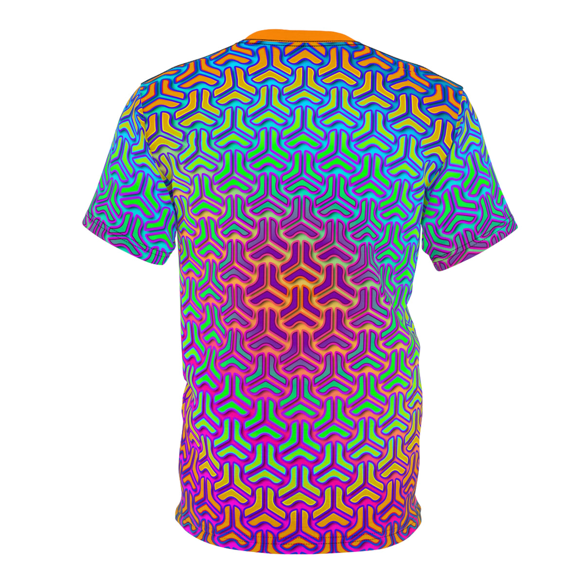 Angled view of the Friction 203 all-over-print tee highlighting the cosmic print.