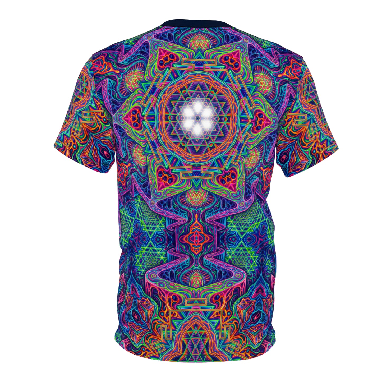 Flat lay of the Sri Yantradala premium tee laid out to show the complete design front to back.