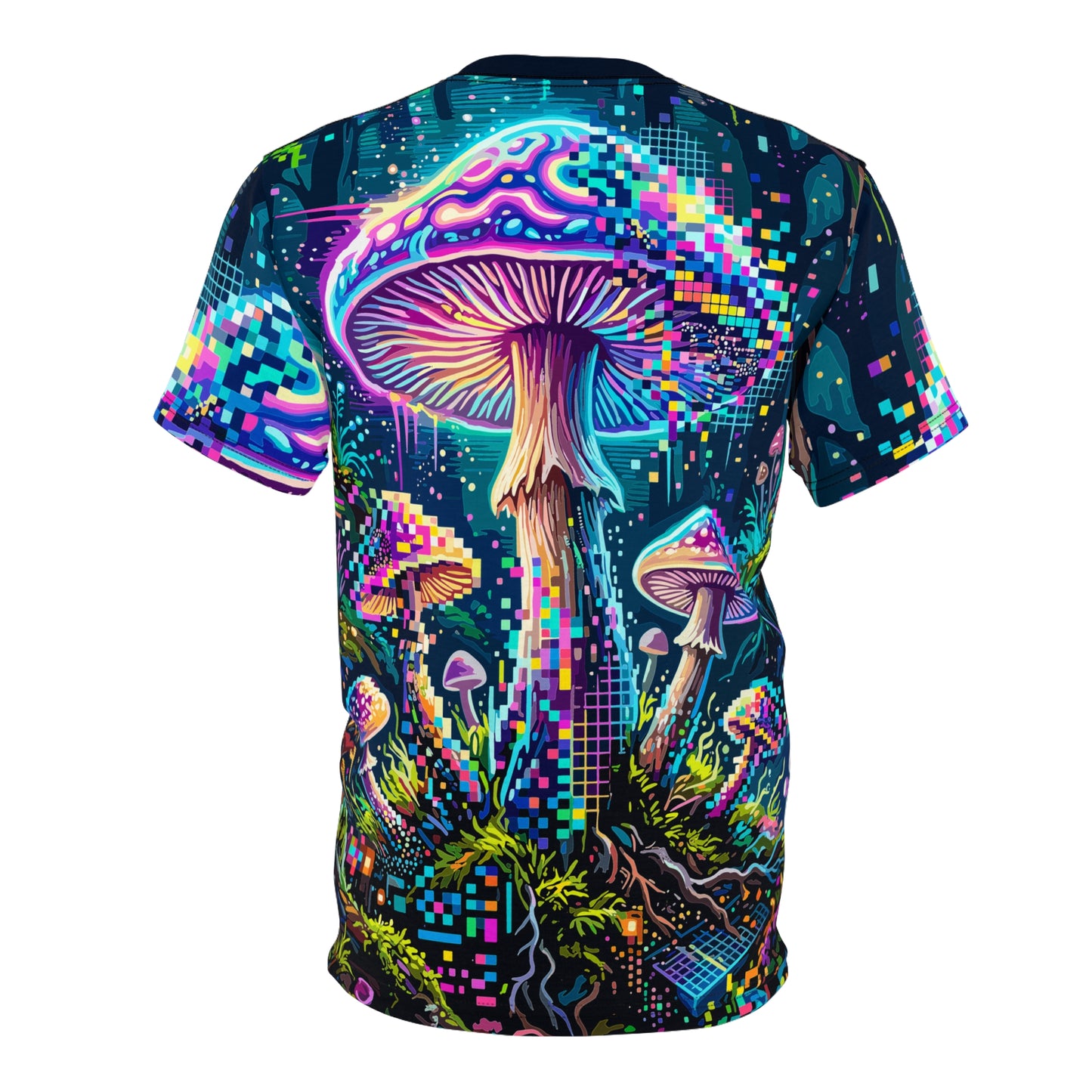 Angled view of the Digital Forest premium tee, showing the fit and drape of the all-over print.