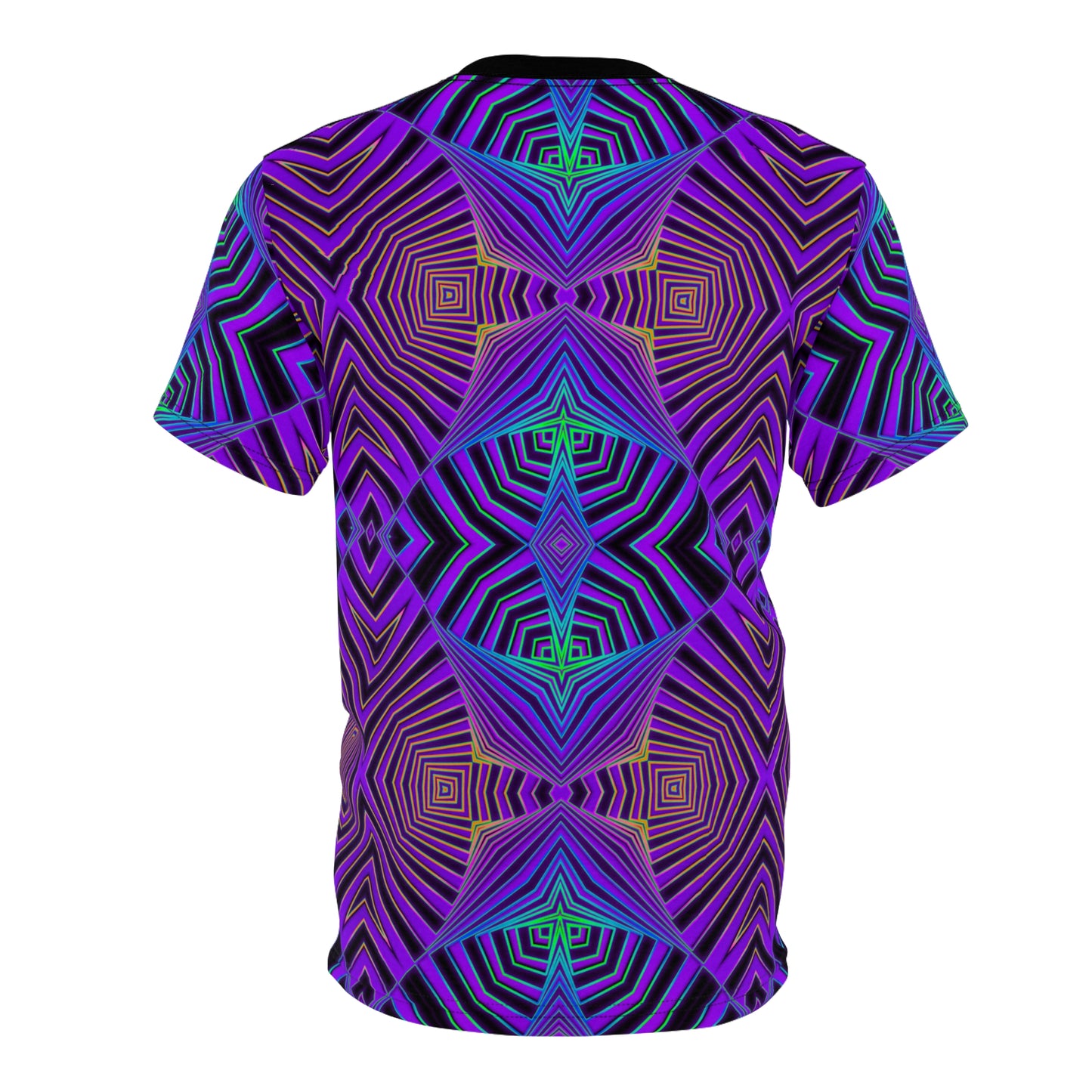 Angled view of the Starfighter all-over-print tee highlighting the cosmic print.