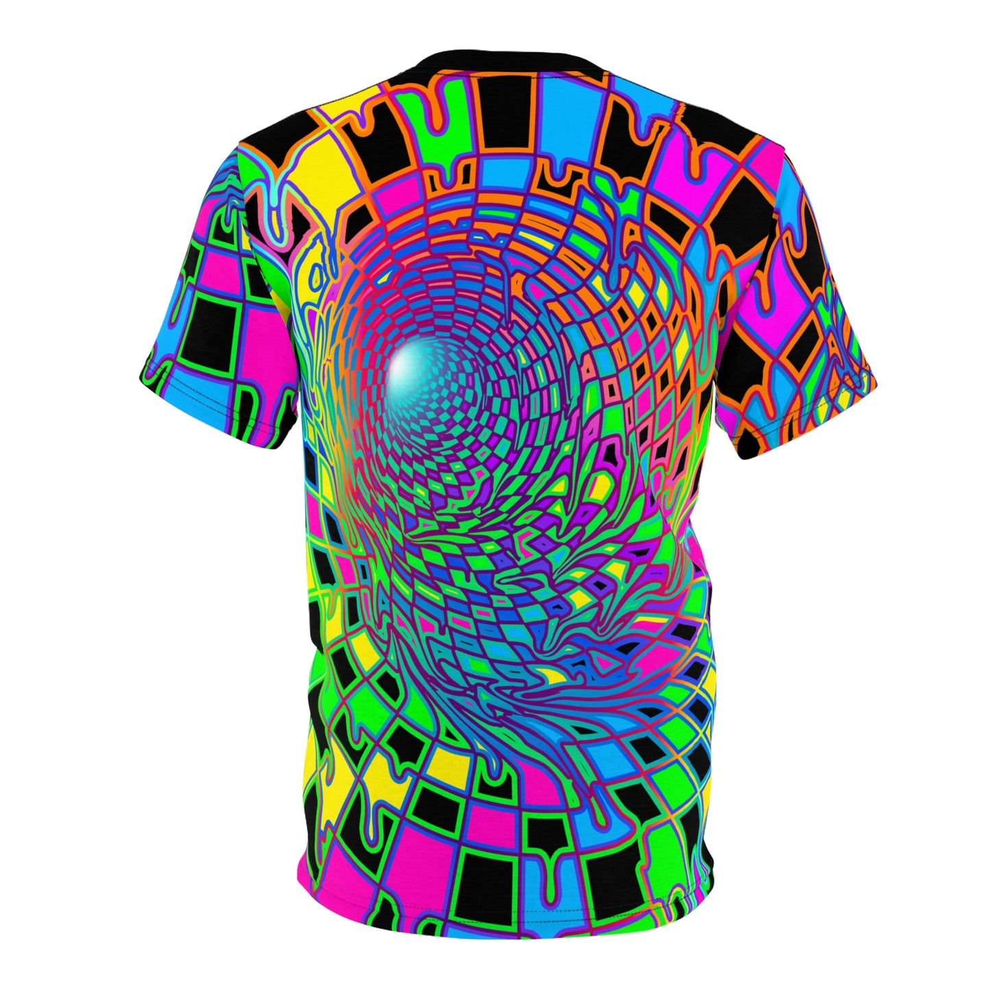 Angled view of the Here We Go premium tee, showing the fit and drape of the all-over print.