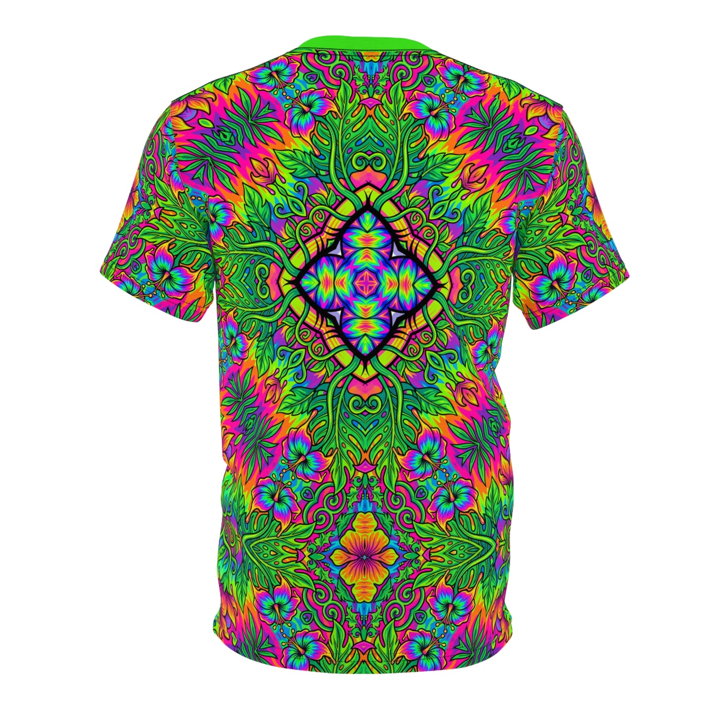 Flat lay of the Hot Tropic premium tee laid out to show the complete design front to back.