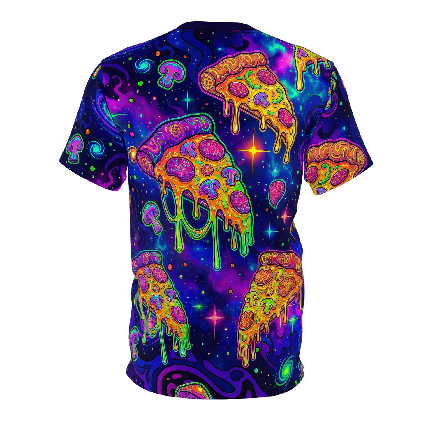 Angled view of the With Everything tee showing the all-over print fabric.