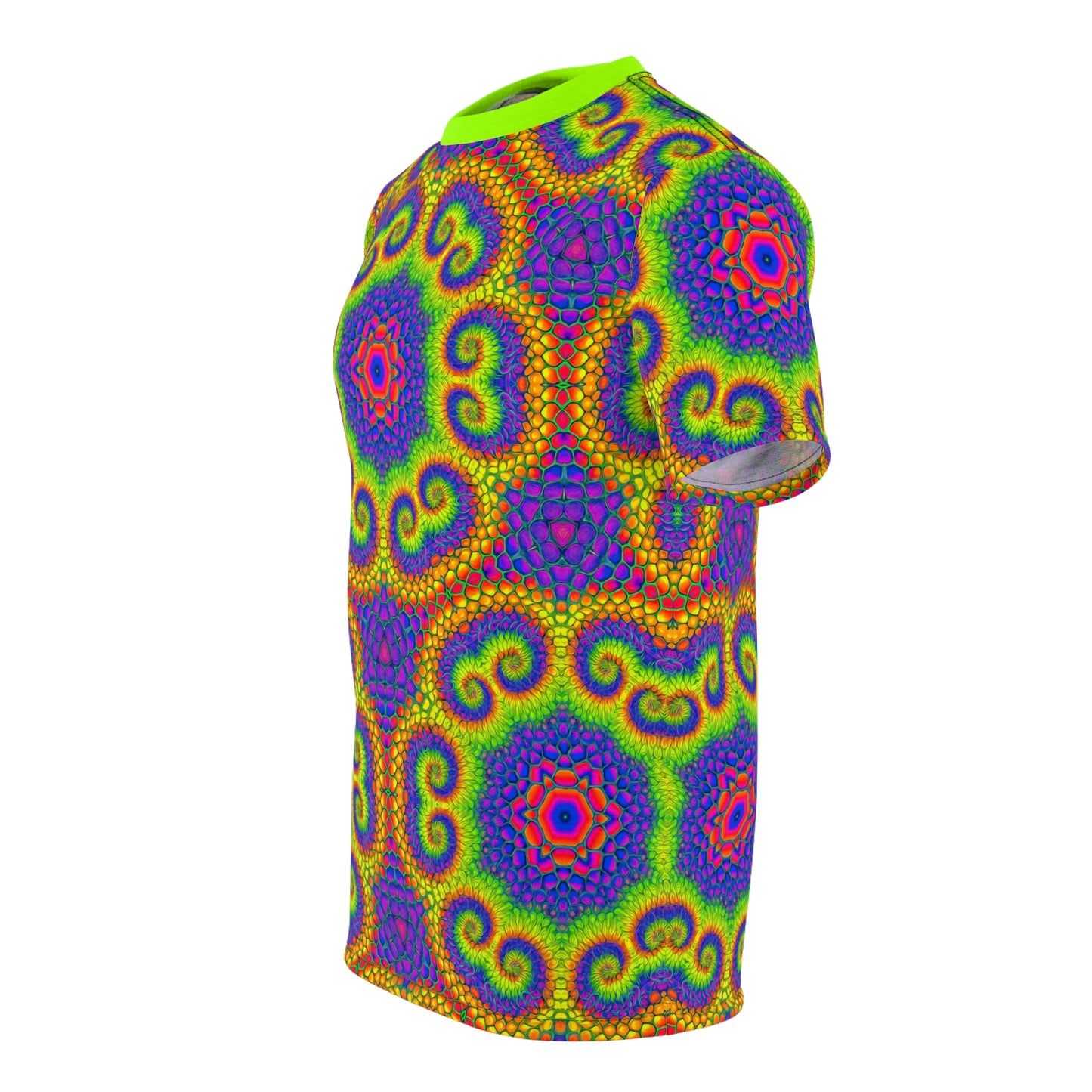 Overhead shot of the Honeycore Fractal premium tee laid flat, print fully visible.