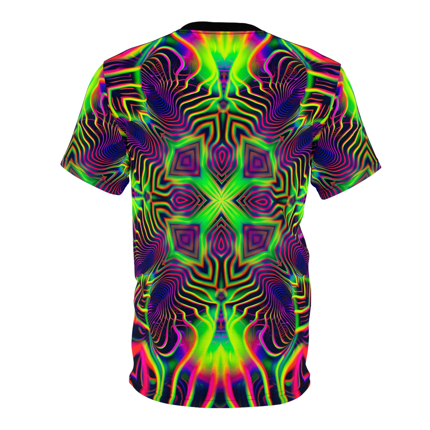 Angled view of the Psypod V2 all-over-print tee highlighting the cosmic print.