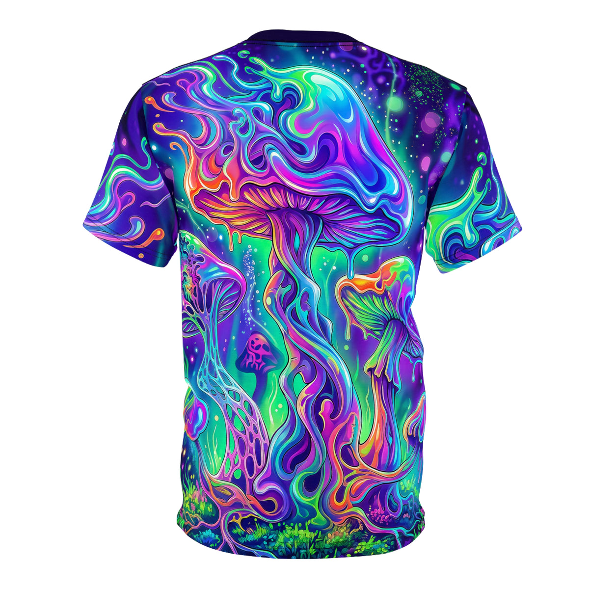 Angled view of the Beyond Physical premium tee, showing the fit and drape of the all-over print.