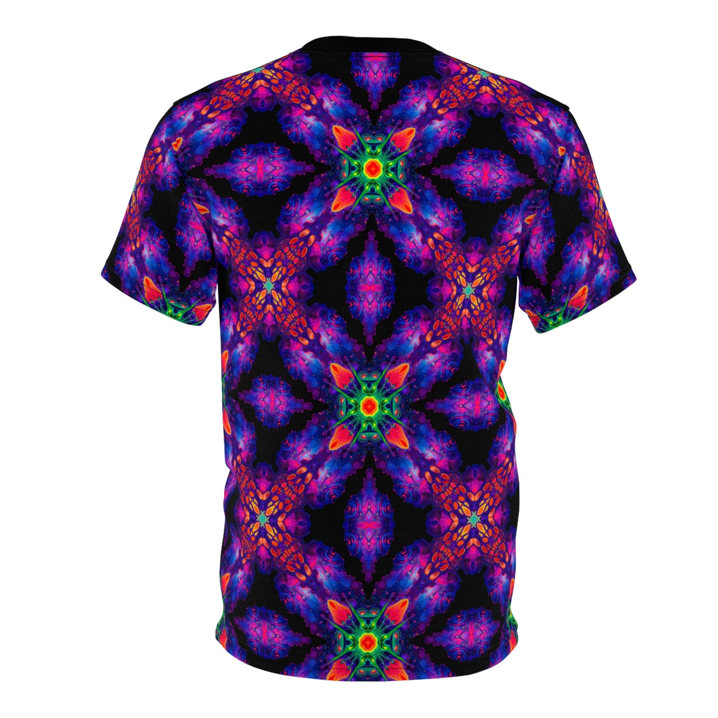 Angled view of "Nebulon Pattern" premium tee on a hanger.