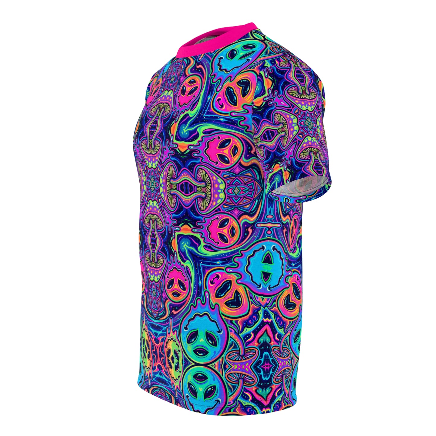 Friends Be Multiplying premium tee product photo showing the all-over-print psychedelic design.