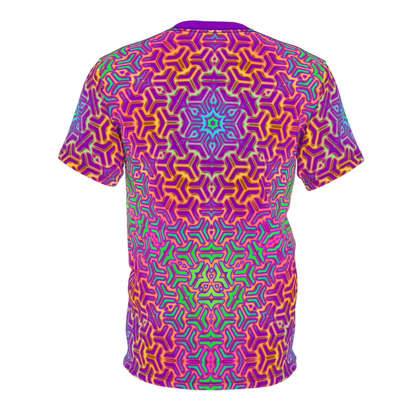Angled view of the Friction 204 all-over-print tee highlighting the cosmic print.