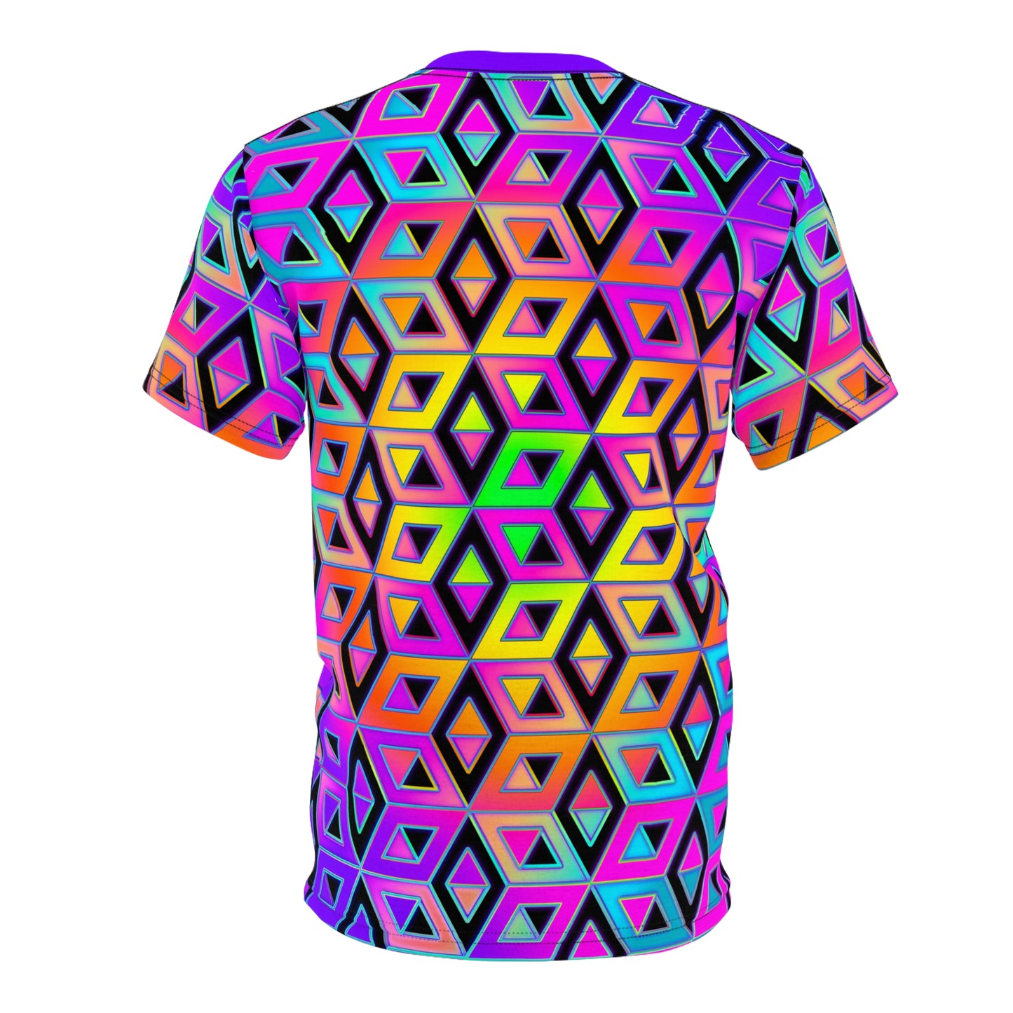 Angled view of the Think Outside all-over-print tee highlighting the cosmic print.