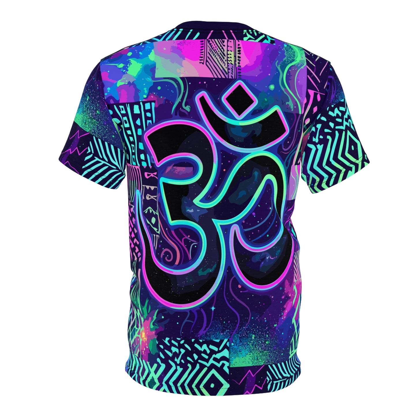 Angled view of the Omerian tee showing the all-over print fabric.
