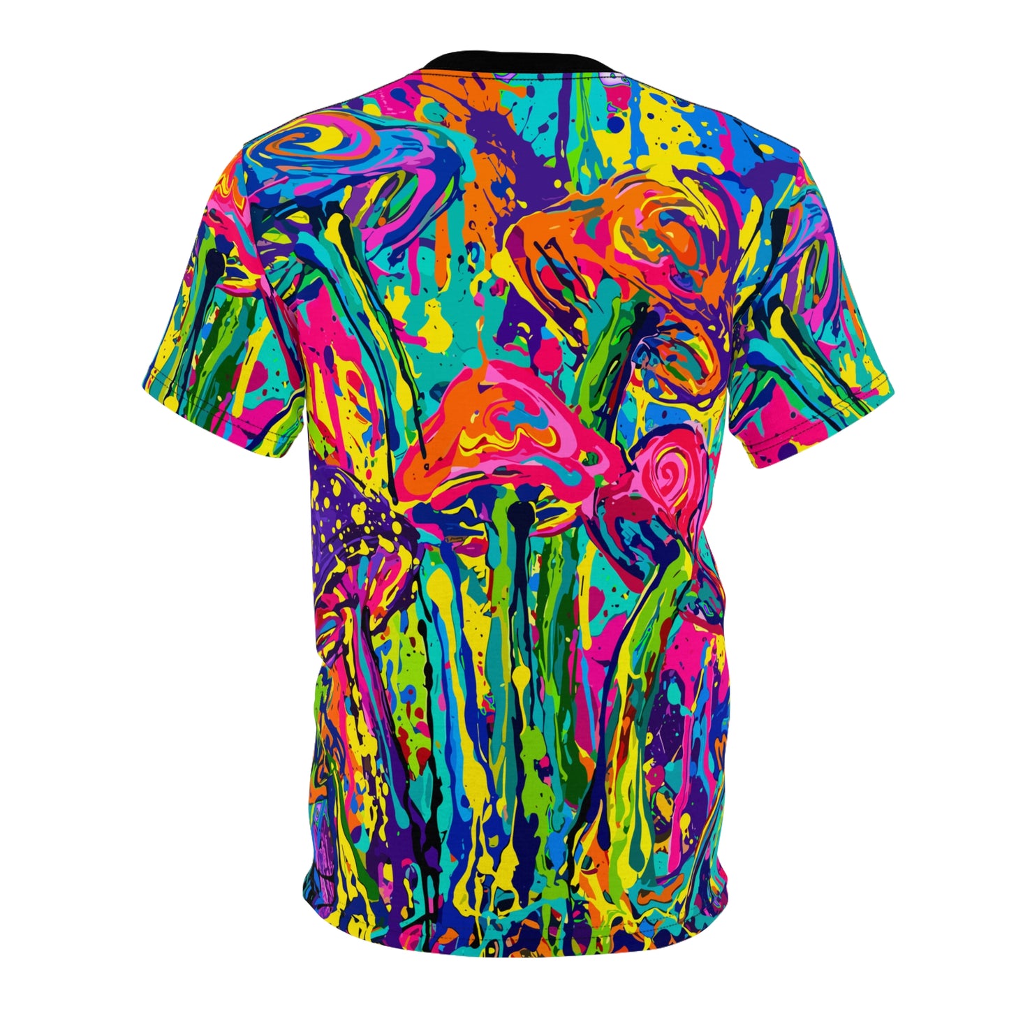 Angled view of the Myco-Pollock premium tee, showing the fit and drape of the all-over print.