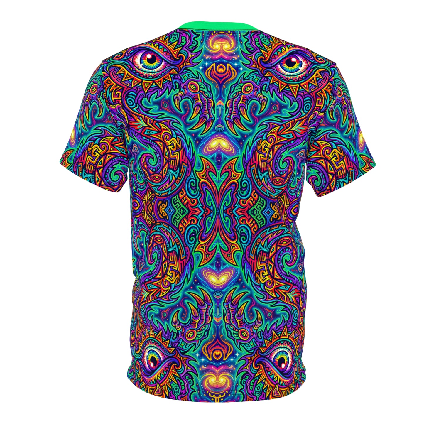 Flat lay of the Wrong Doors Kaleid premium tee laid out to show the complete design front to back.