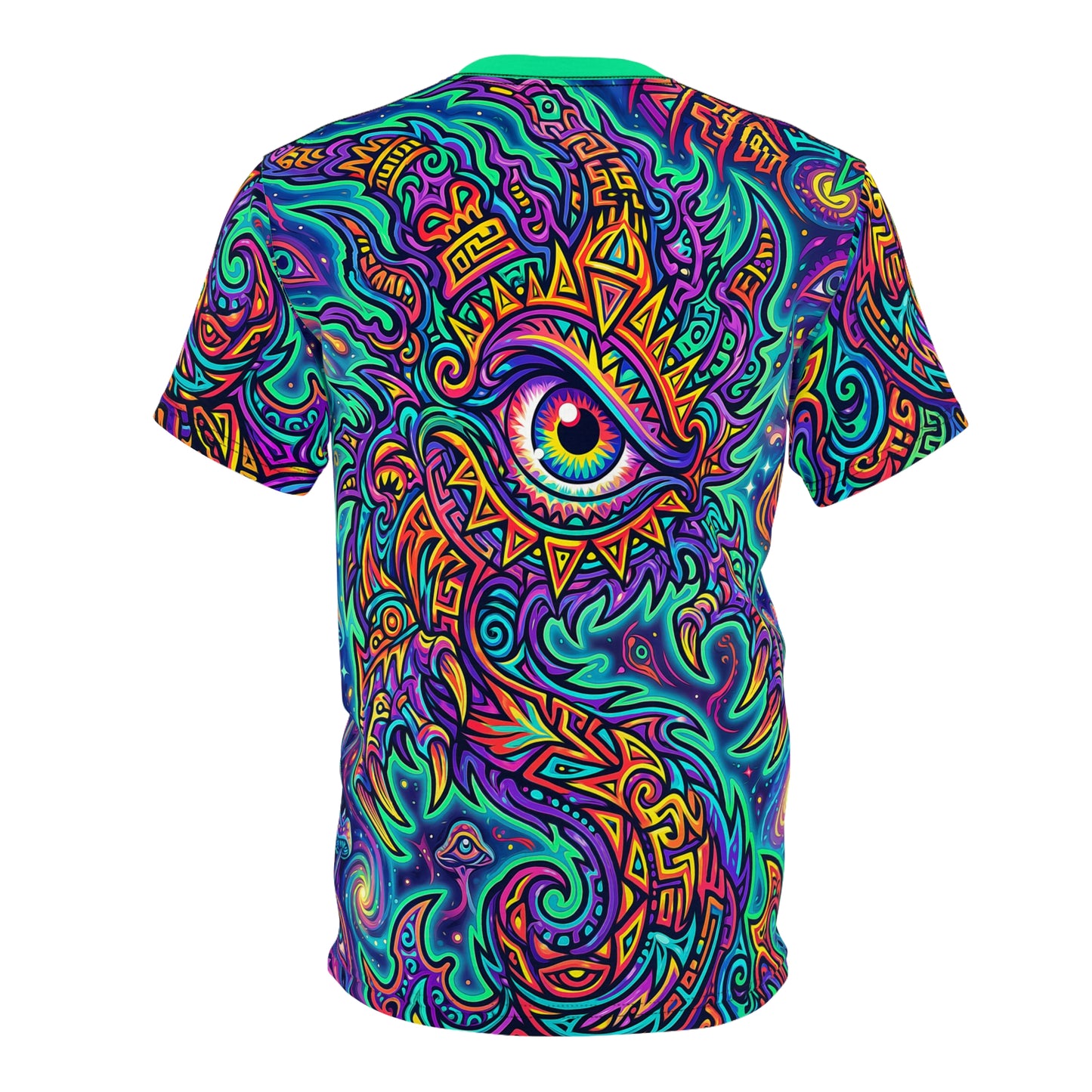Flat lay of the Wrong Door premium tee laid out to show the complete design front to back.