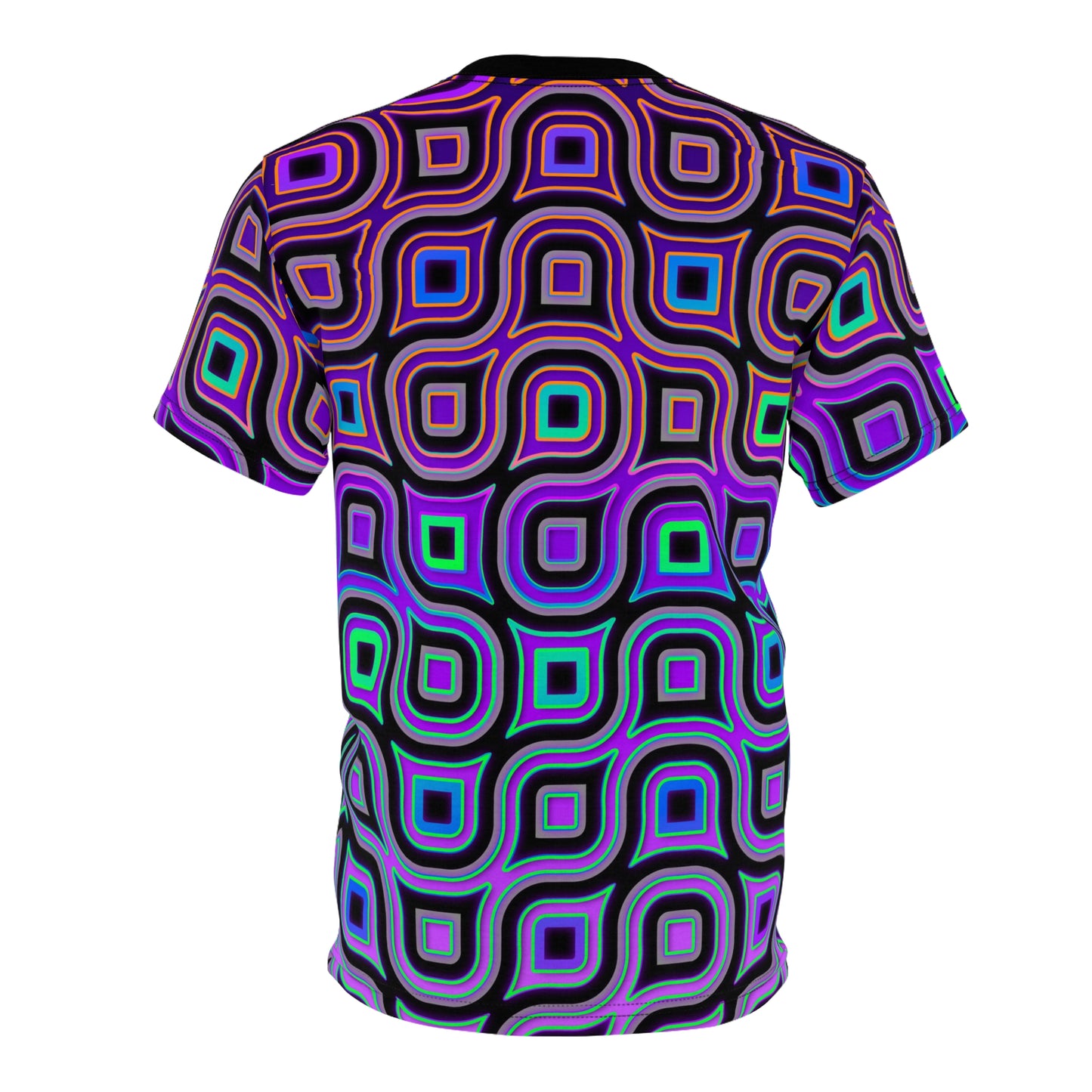 Angled view of the Melting Point premium tee, showing the fit and drape of the all-over print.