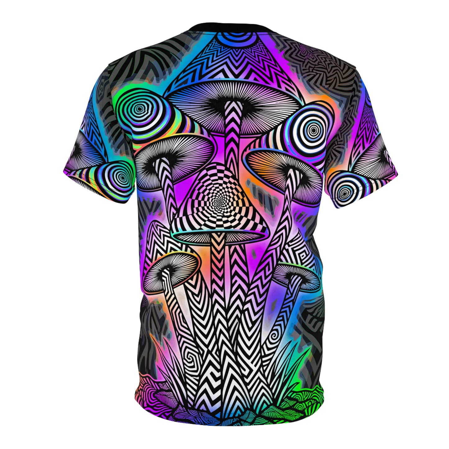 Angled view of the Perspective Shift tee showing the all-over print fabric.