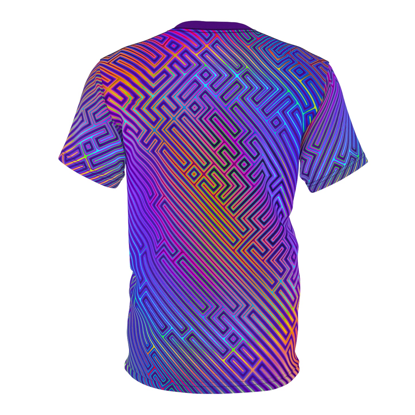 Angled view of the Corrupt Ken tee showing the all-over print fabric.