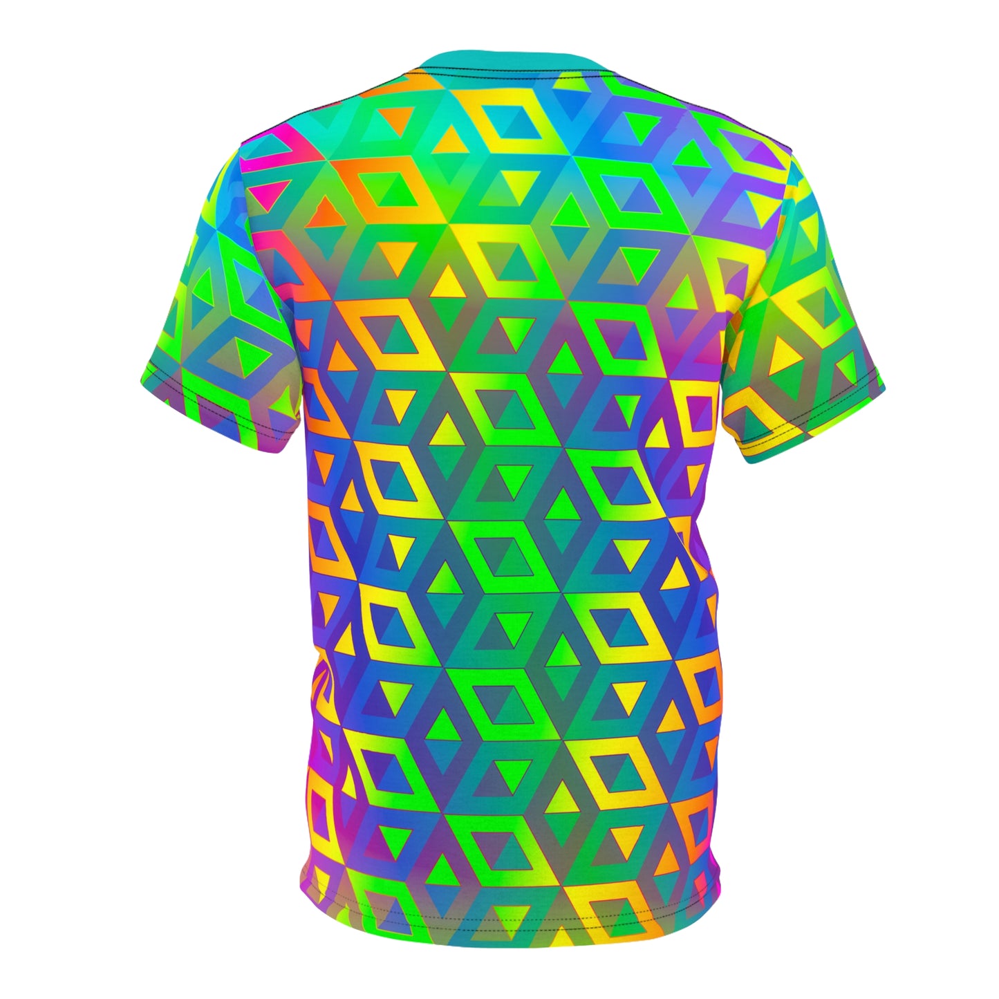 Angled view of the In Or Out tee showing the all-over print fabric.
