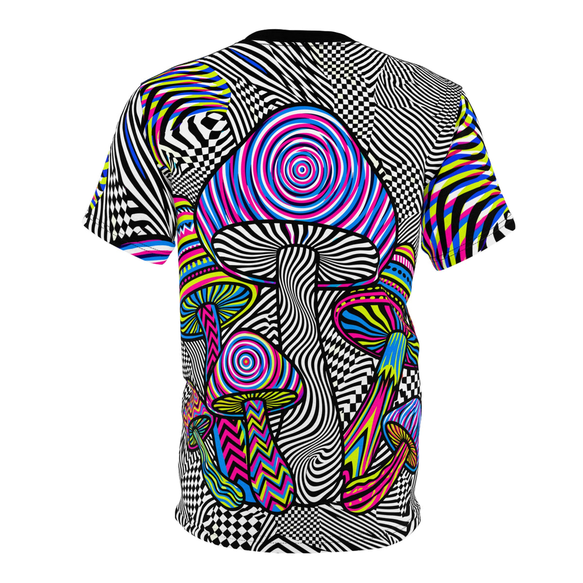 Angled view of the OpShroom premium tee, showing the fit and drape of the all-over print.
