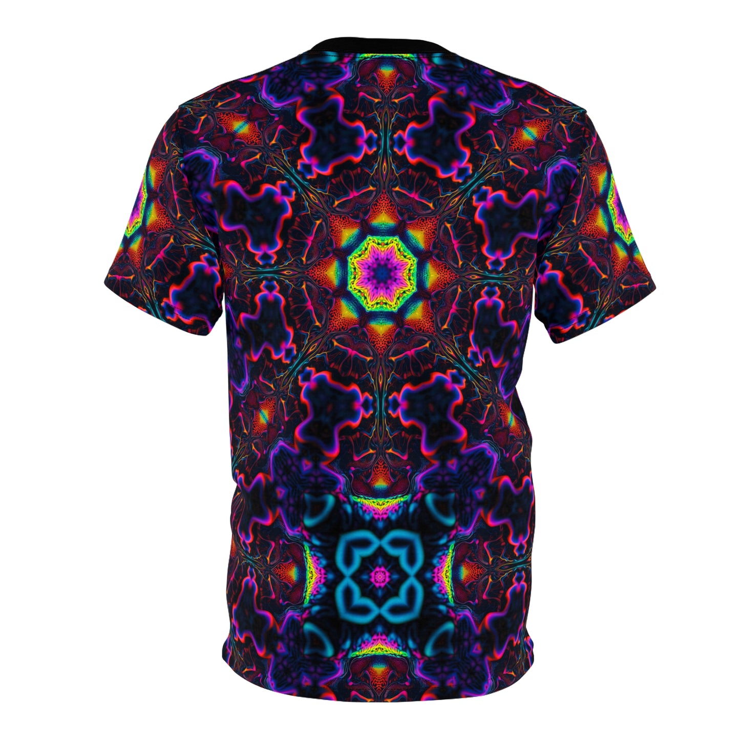 Angled view of the Mordoria premium tee, showing the fit and drape of the all-over print.