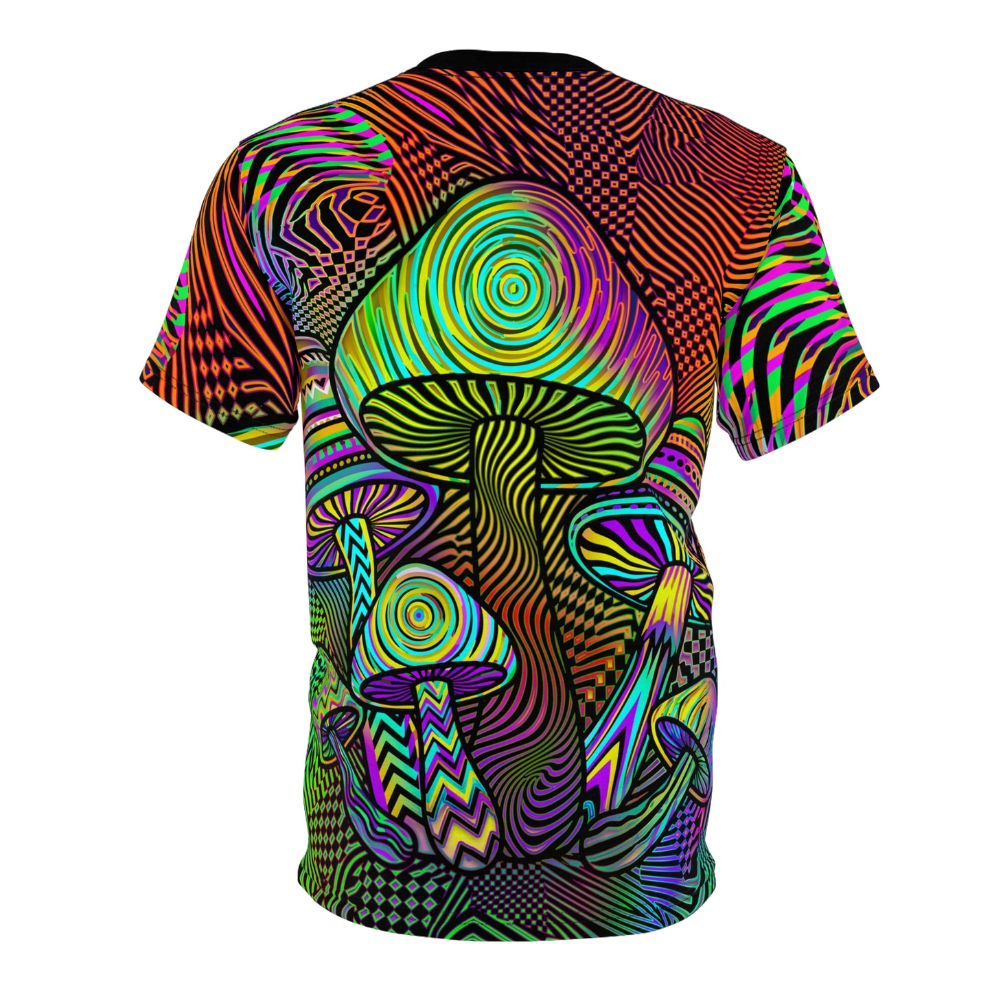 Angled view of the OpShroom V2 premium tee, showing the fit and drape of the all-over print.