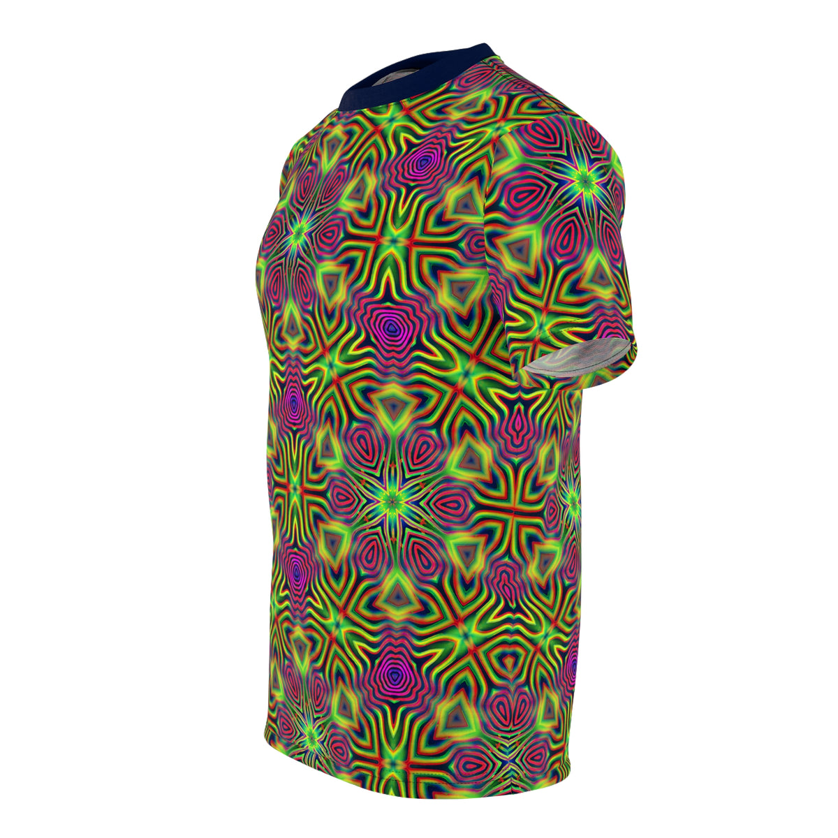 Folded flat lay of the Psychedelic Tracers Pattern premium tee highlighting the fabric texture and print colors.
