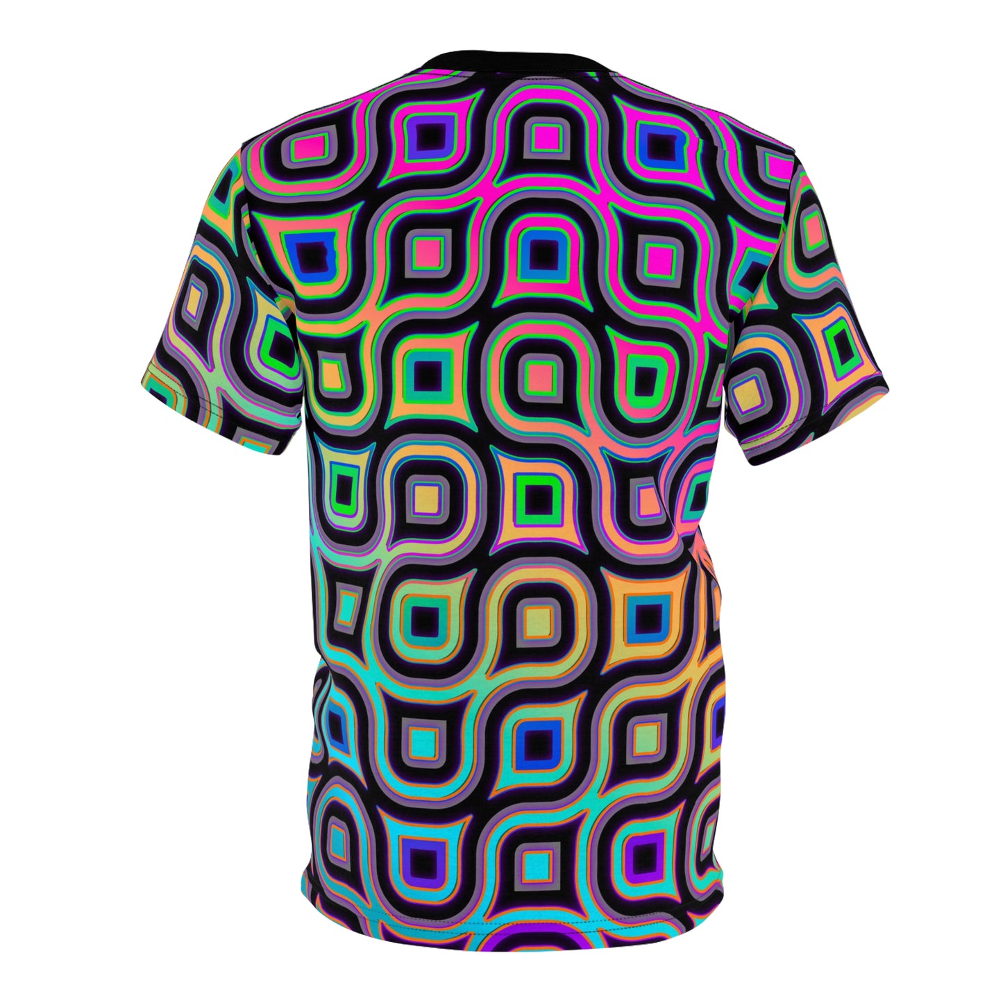 Angled view of the Melting Point V2 all-over-print tee highlighting the cosmic print.