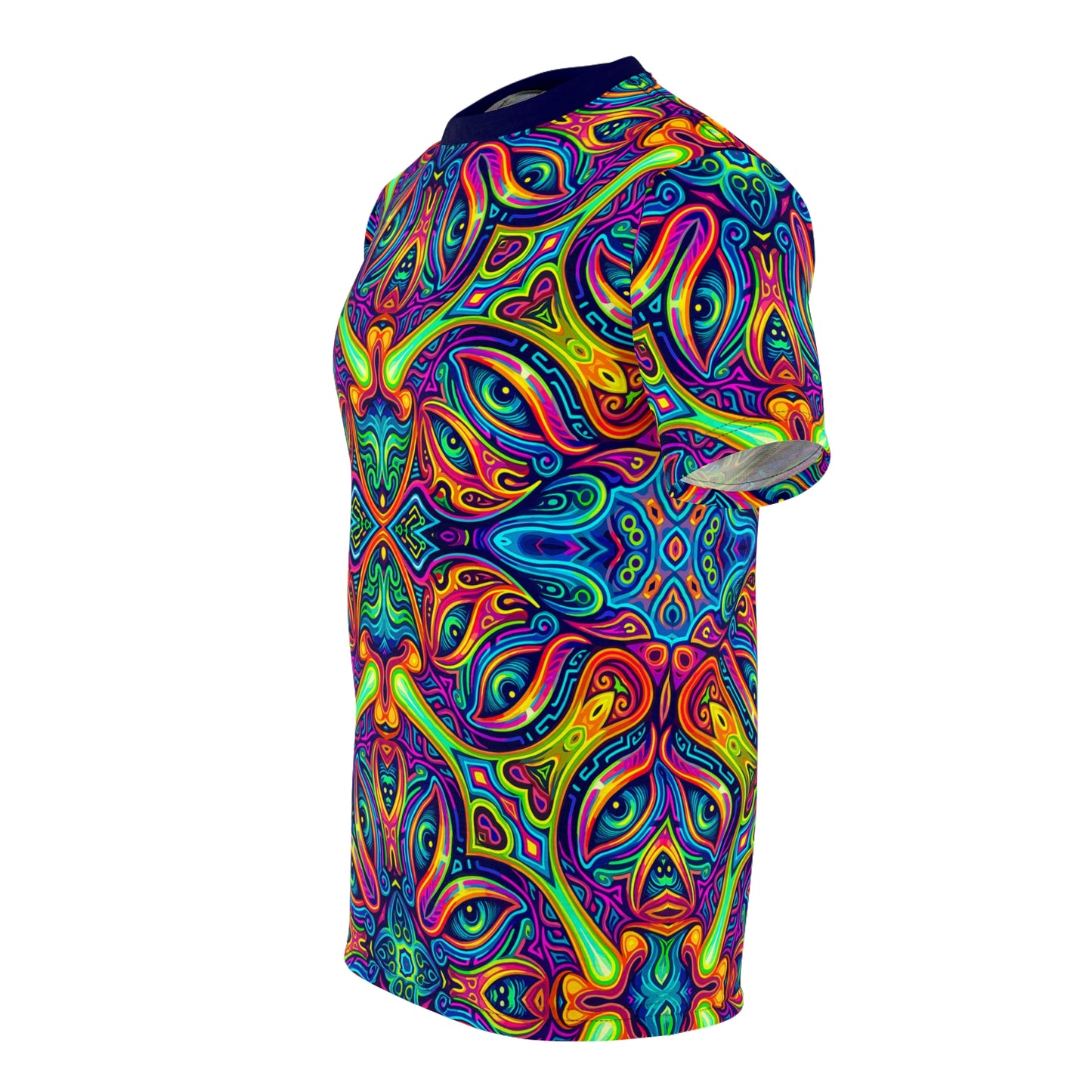 Angled view of the "Masked Motif" psychedelic art premium tee.
