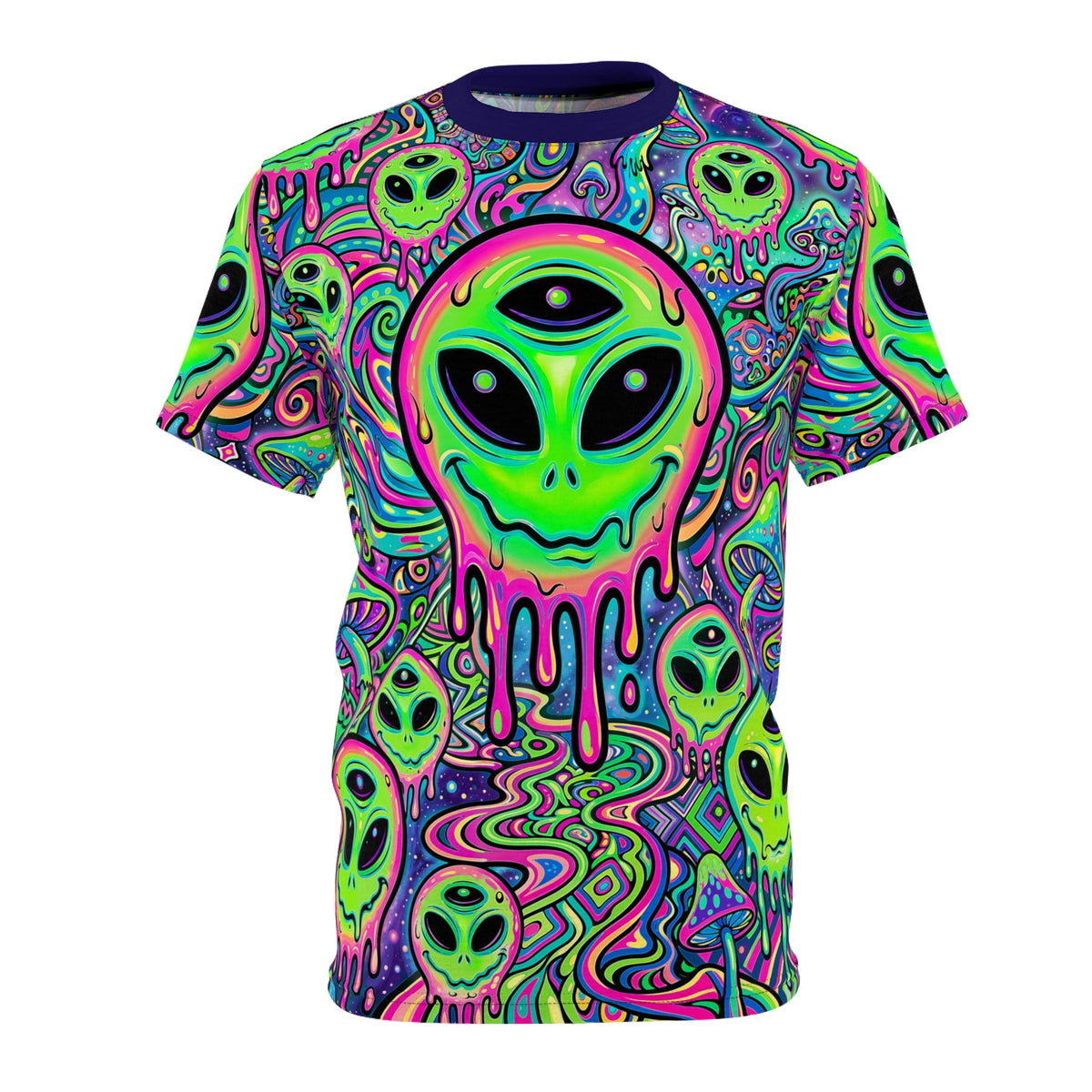 Neon Rave premium t-shirt collection: melting neon alien design from the Cosmic Cousins premium t-shirt