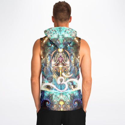 Model wearing the “Density 432” sleeveless hoodie, back view, showing the all-over print across the back.