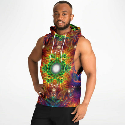 Another side profile shot of a model wearing "Photonic" sleeveless hoodie.