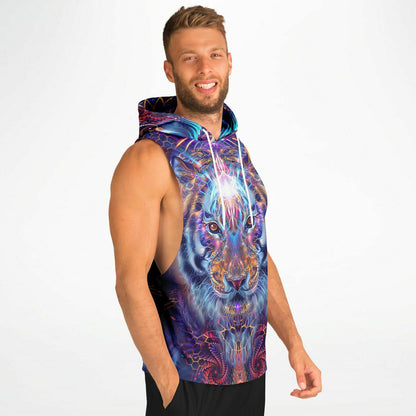 Model wearing the “Empurrress” sleeveless hoodie from the side, showing the drop armhole cut.
