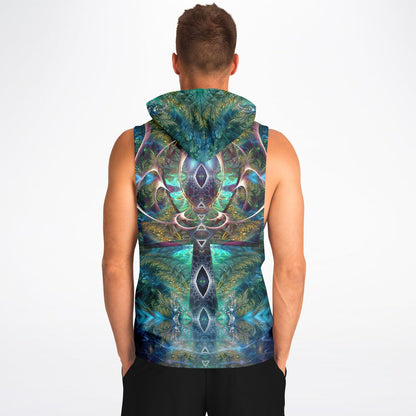 Model wearing the “Fluer De Vie” sleeveless hoodie, back view, showing the all-over print across the back.