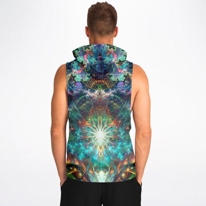 Model wearing the “To Tree or Not to Tree” sleeveless hoodie, back view, showing the all-over print across the back.