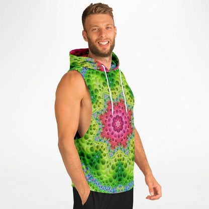 Model wearing the “Starburst” sleeveless hoodie from the side, showing the drop armhole cut.