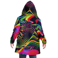 Back view of a man wearing the Psychedelic Tracers hooded cloak, a psychedelic all-over print cloak.