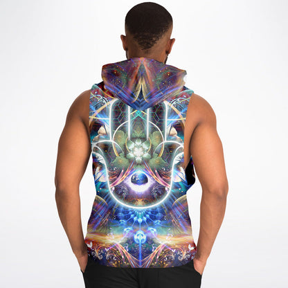 A second model wearing the “Divine Protection” sleeveless hoodie, back view, highlighting the all-over print.