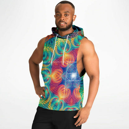 A second model wearing the “Free Your Mind - Fibonacci” sleeveless hoodie from the side, drop armhole cut.