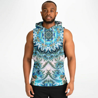 A second model wearing the “Return to Purity” sleeveless hoodie, front view, showing fit and drape.