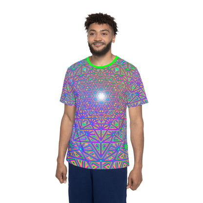The "Flower of Tron" men's sport tee photographed from above on a flat surface.