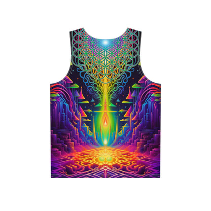 Angled view of the 'Maze of Life' all-over print covering this men's tank top.
