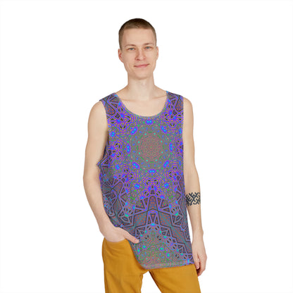 Angled view of the Chaos of Tron men's tank top showing the neon grid pattern wrap.