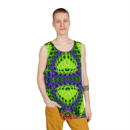 The Starburst Split men's tank top shown at an angle to display the fit.