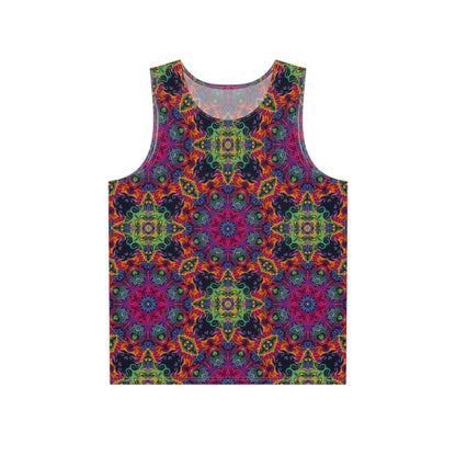 Close-up detail of the 'Lucid Dream' psychedelic print on this men's tank top.
