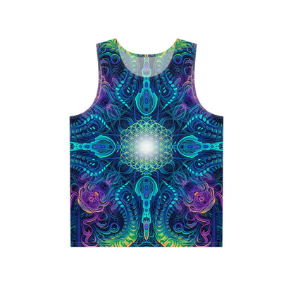 Front view of the 'Belladonna V2 (Square)' men's tank top laid flat, showing the full all-over print design.