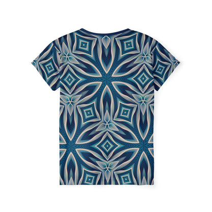 Close-up of the "Ice Chant" print detail on the women's sport tee fabric.