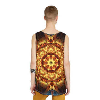 Folded view of the 'Totem Sun' men's tank top on a plain background.