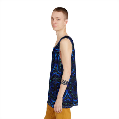 Model wearing the Liquid Night men's tank top outdoors.