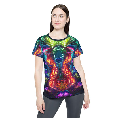 Side view of the Fungal Abyss print on the women's sport tee.