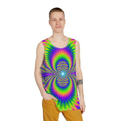 Close-up of the 'Blast Off' print detail on a men's tank top, showing color and texture.
